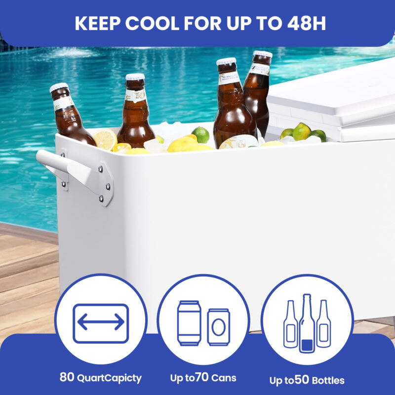 Uforic 80 Quart Rolling Ice Chest Cooler Cart,Outdoor Portable Beverage Cart with Bottle Opener & Drain, White - Image 2
