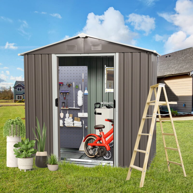 DEALTOPS 8ft x 4ft Outdoor Storage Shed,Galvanized Steel Storage Cabinet with Lockable Door for Backyard, Patio, Lawn-Grey - Image 7