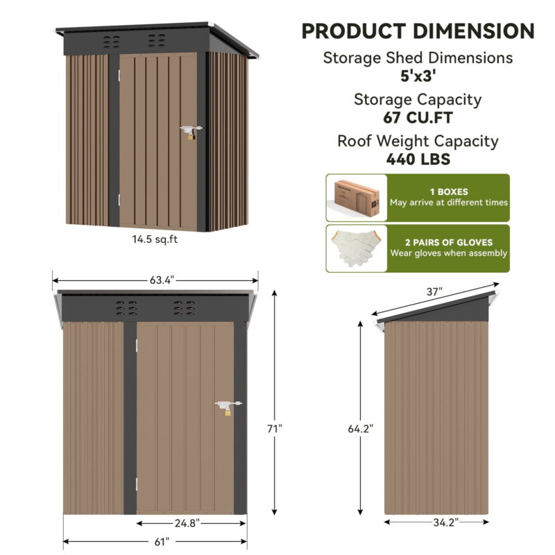 COMHOMA Metal Shed 5 x 3 ft. Outdoor Storage Shed with Lockable Door and Air Vent Metal Garden Shed,Brown - Image 6