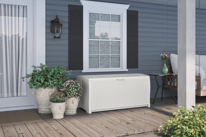 Suncast 99-Gal. Weather-Resistant Resin Outdoor Deck Storage Box and Bench, White - Image 2
