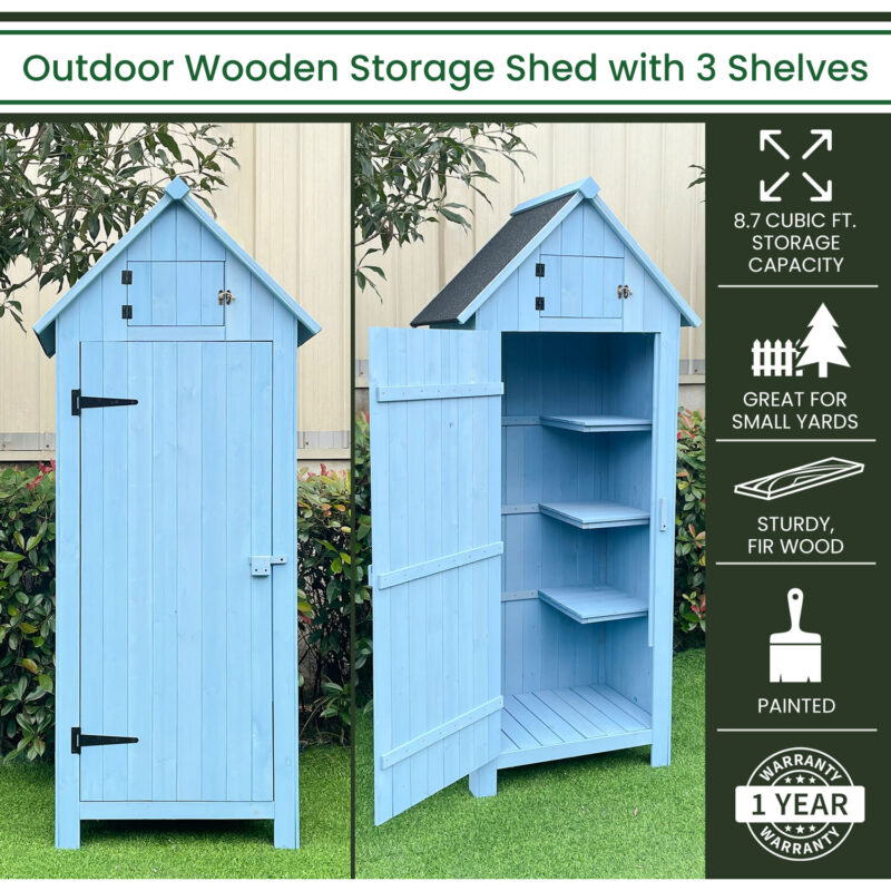 Hanover Sturdy Durable Waterproof Wood Outdoor Vertical Storage Shed, 70.40"x 30.30"x21.30", Blue - Image 2