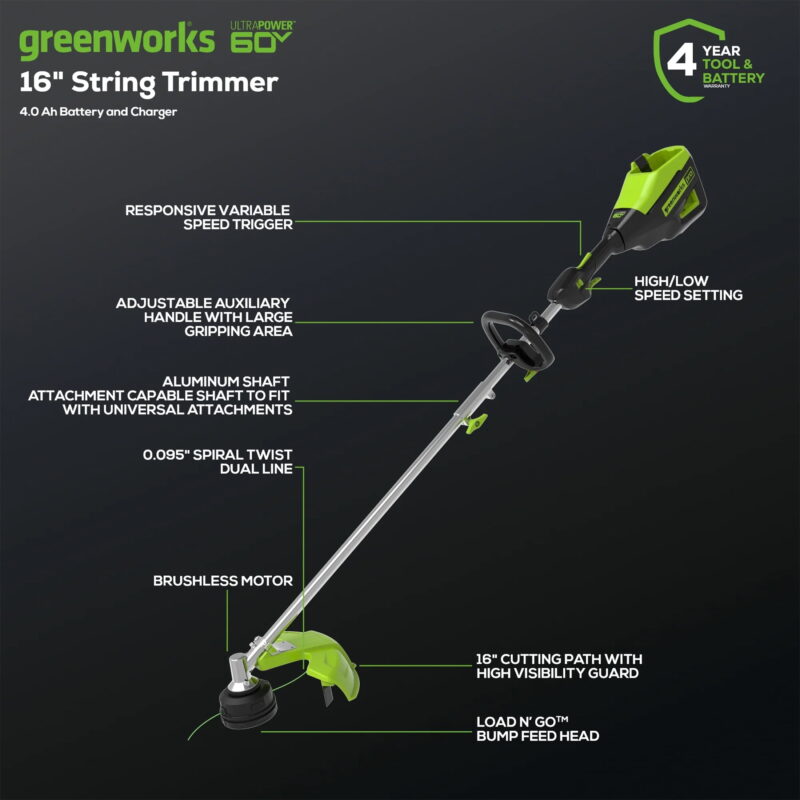 Greenworks 60V 16" Cordless Battery String Trimmer (Attachment Capable) with 4.0 Ah Battery & Charger - Image 2