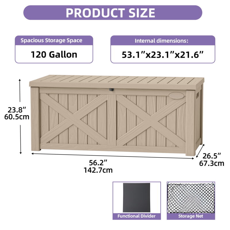 Uforic 120 Gallon Resin Outdoor Storage Box, Waterproof & Lockable , Light Brown - Image 2