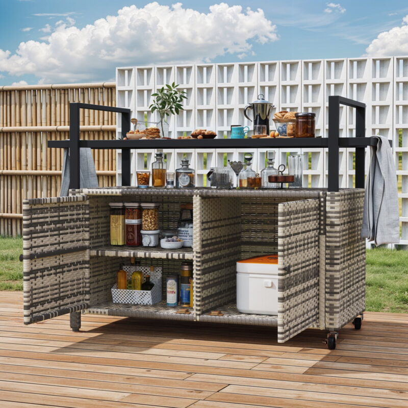 Uforic XL Outdoor Storage Cabinet, Outdoor Grill Cart with Wheels & Black Glass Table Top, for Patio Kitchen, Gray - Image 6