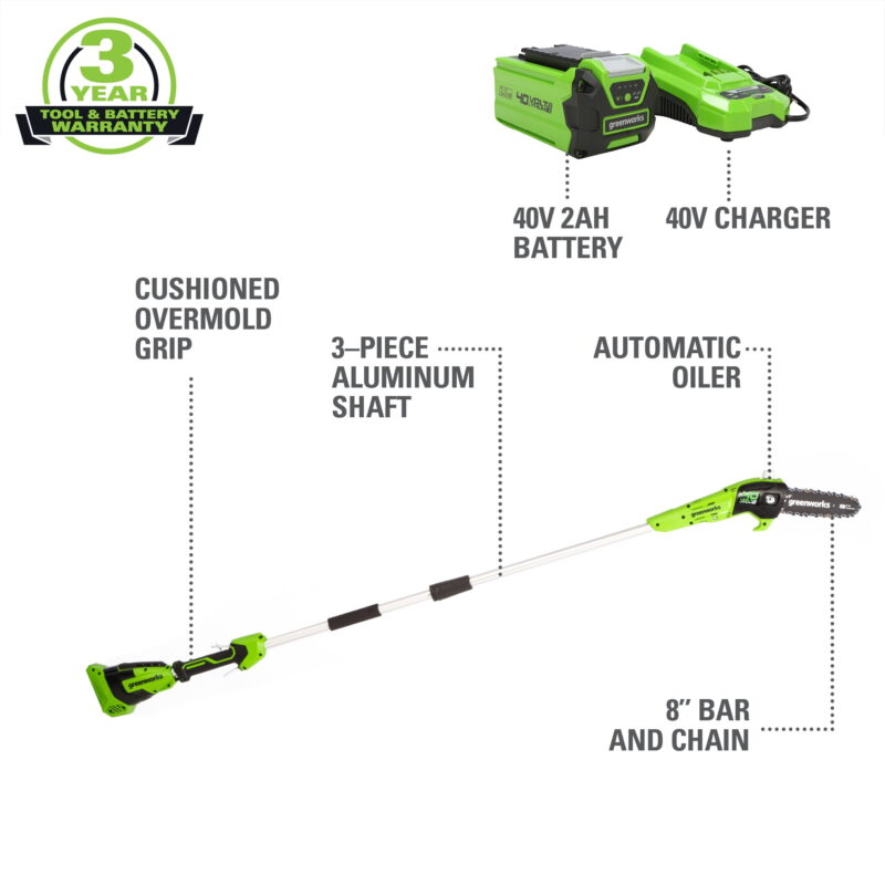 Greenworks 40V 8" Cordless Pole Saw with 2.0 Ah Battery and Charger Gen II 1403702 - Image 7