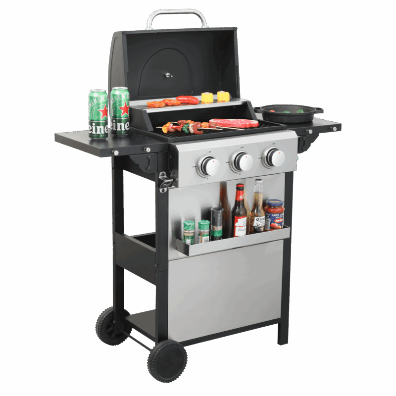 Hommoo 3-Burner Propane Gas BBQ Grill, BBQ Grill with Foldable Side Table and Wire Enamel Cooking Grids, for Outdoor Barbecue - Image 2