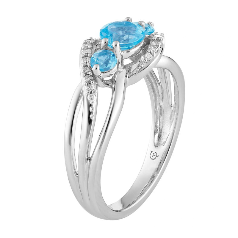 10k White Gold Swiss Blue Topaz & 1/5 Carat T.W. Diamond 3-Stone Ring - Image 2