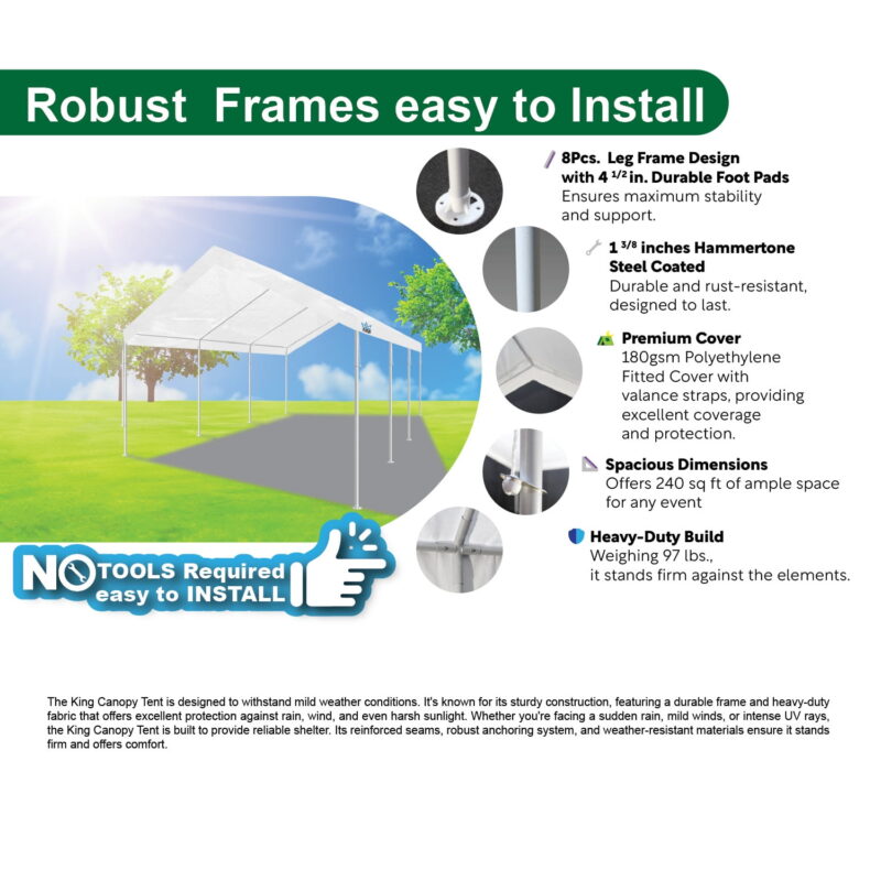 King Canopy Universal Canopy 12' x 20' , 1 3/8-Inch Powder Coated Steel Frame, 8 Leg, White - Image 4