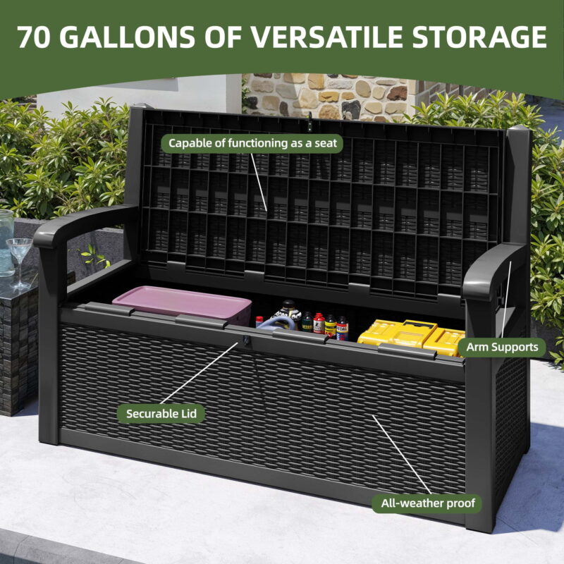 Uforic 70 Gallon Outdoor Resin Deck Bench, Waterproof & Lockable Storage Box  Bench with Armrests for Garden Patio, Black - Image 4