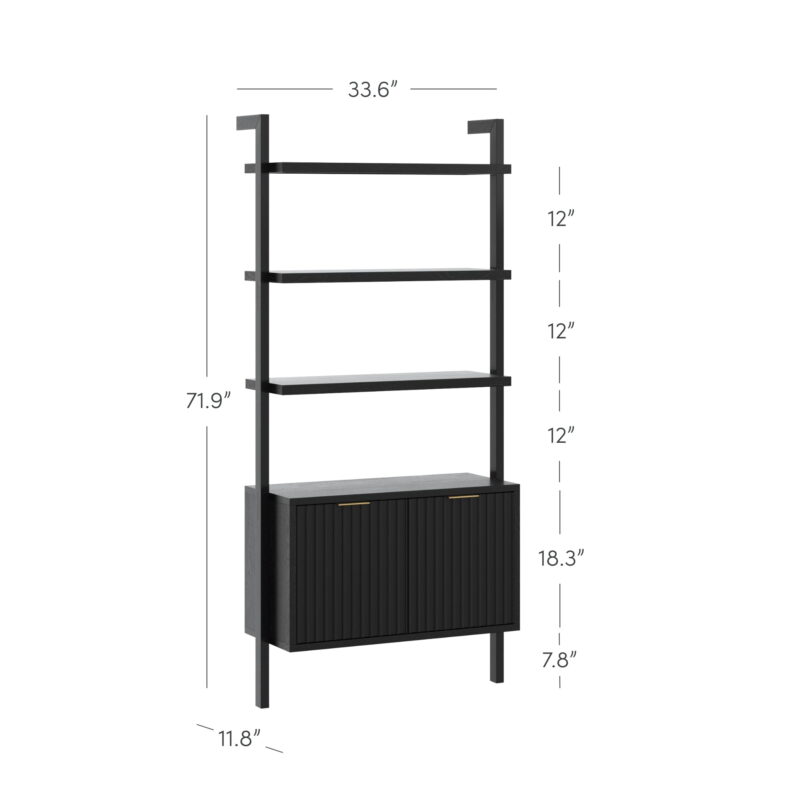 Nathan James Jasper 3-Shelf Solid Wood Boho Bookshelf, Wall Mounted Bookshelf with Cabinet with Fluted Doors, Black Oak - Image 4