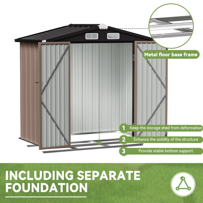 BaPiPro 6 x 4 ft Outdoor Metal Storage Shed with Included Base & Air Vents, Lockable, Brown - Image 2