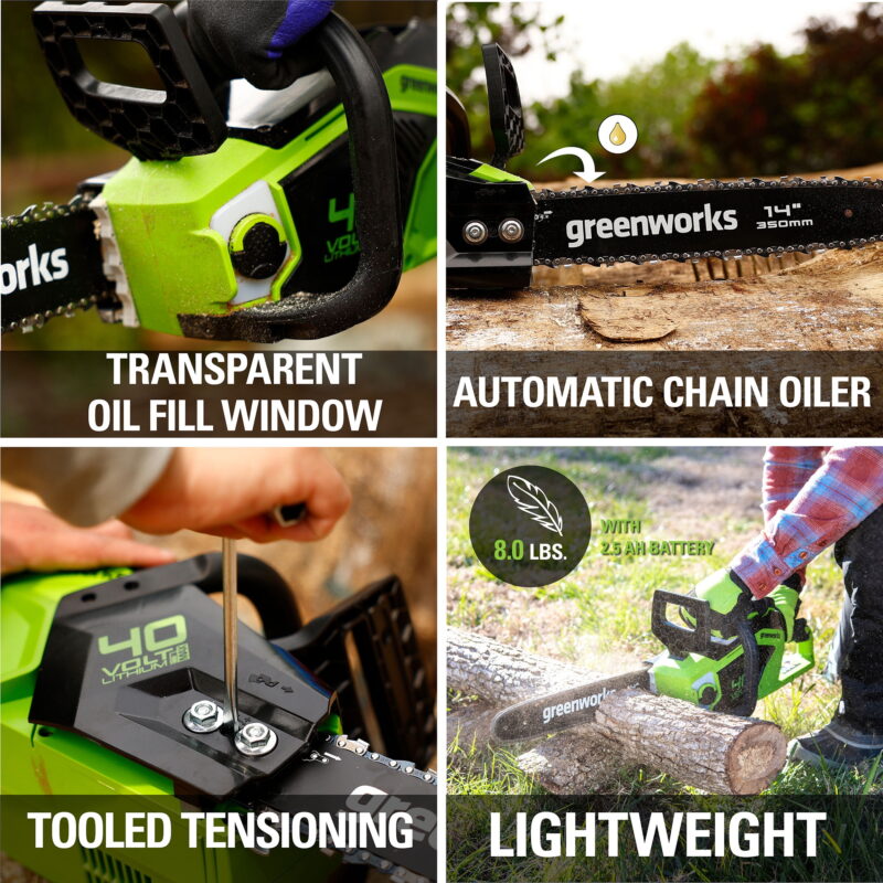 Greenworks 40V 14" Brushless Chainsaw with 2.5 Ah Battery & Charger 2012802 - Image 4