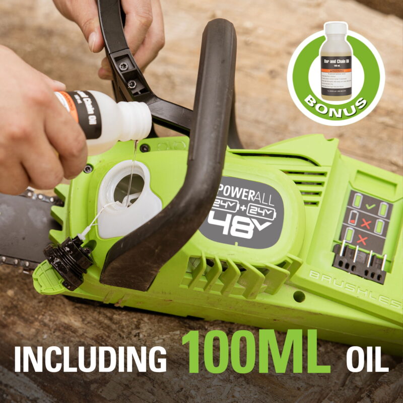 Greenworks 48V (2x24V) 14" Brushless Chainsaw + (2) 4Ah USB Batteries & Dual Port Charger 2017902 - Image 2