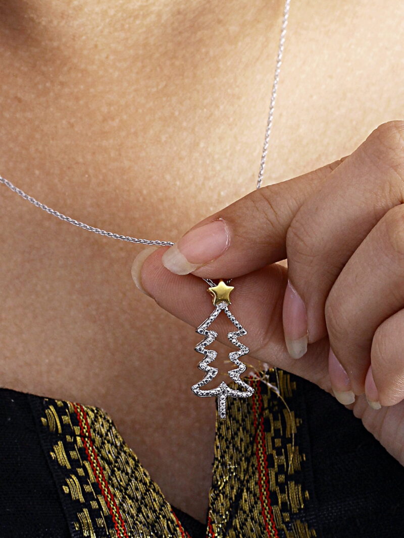 JewelersClub Christmas Tree Necklace Diamond Necklace for Women – Genuine White Diamond, Two-Tone Silver Necklace Christmas Tree – Christmas Gifts for Women – Silver Diamond Pendant Necklace for Women - Image 3