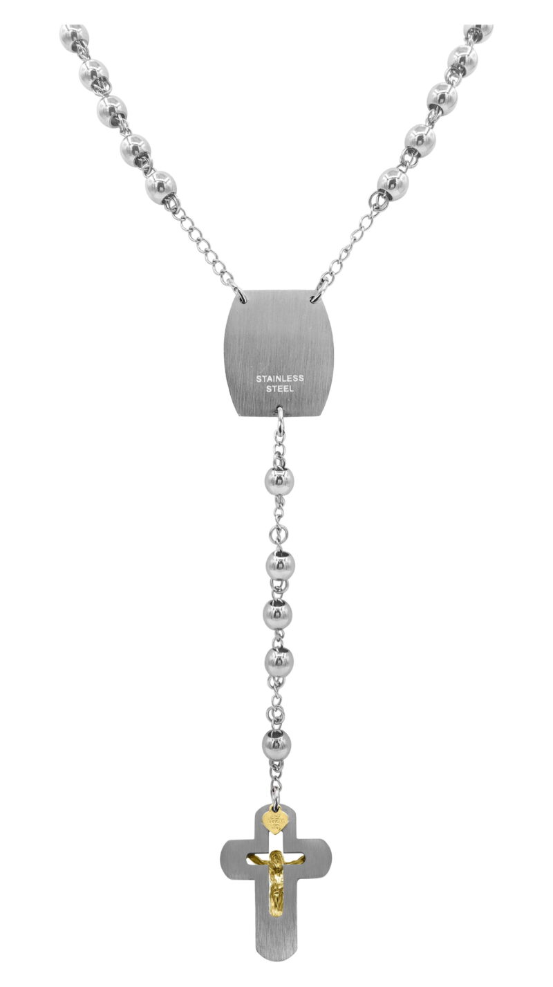 Brilliance Fine Jewelry Stainless-Steel And 14K Gold Plated Sterling Silver Crystal Medallion 6mm Beads Men's Rosary Necklace, 26" - Image 5