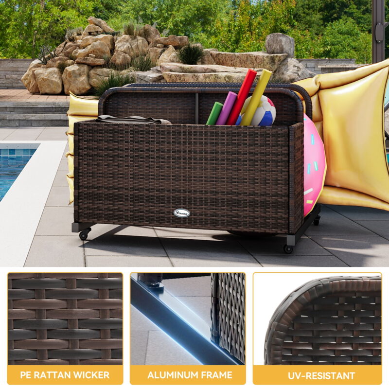 Uforic Outdoor Wicker Patio Poolside Float Storage Basket, PE Rattan Outdoor Pool Caddy with Rolling Wheels,Brown - Image 4