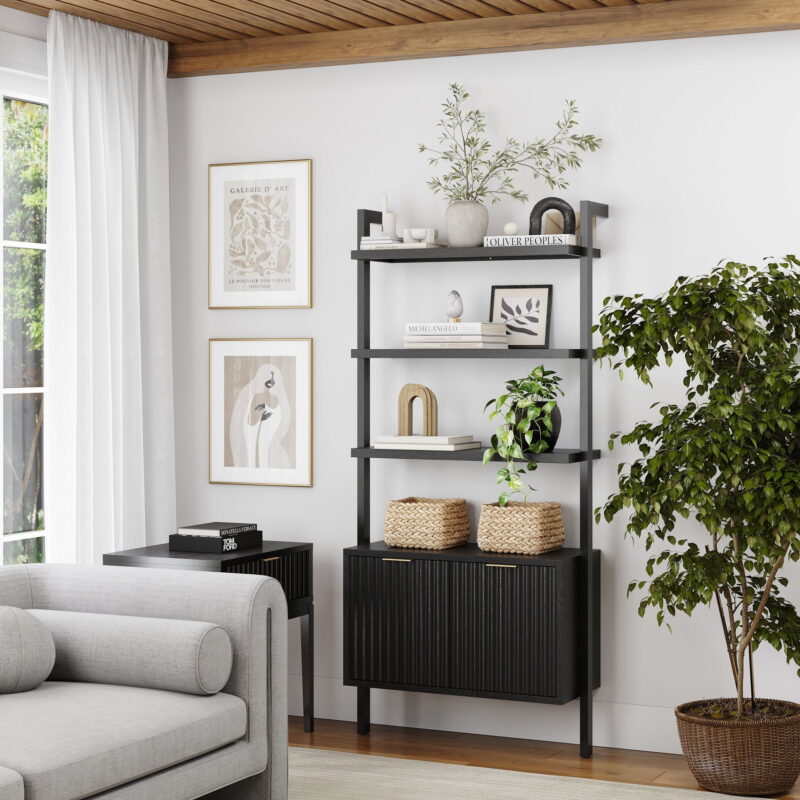Nathan James Jasper 3-Shelf Solid Wood Boho Bookshelf, Wall Mounted Bookshelf with Cabinet with Fluted Doors, Black Oak - Image 6