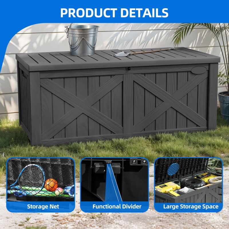 Uforic 120 Gallon Large Outdoor Deck Box, Outdoor Resin Storage Boxes  with X-Shaped Front ,Waterproof & Lockable,Dark Gray - Image 5