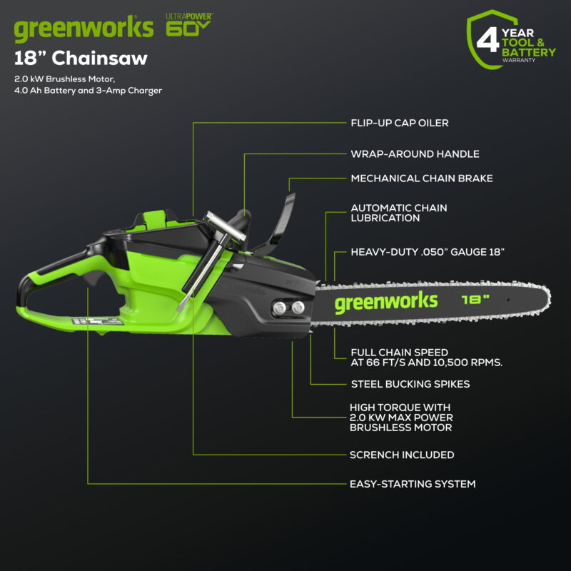 Greenworks 60V 18" 2.0kW Brushless Chainsaw with 4.0 Ah Battery & 3 Amp Charger 2028502 - Image 2