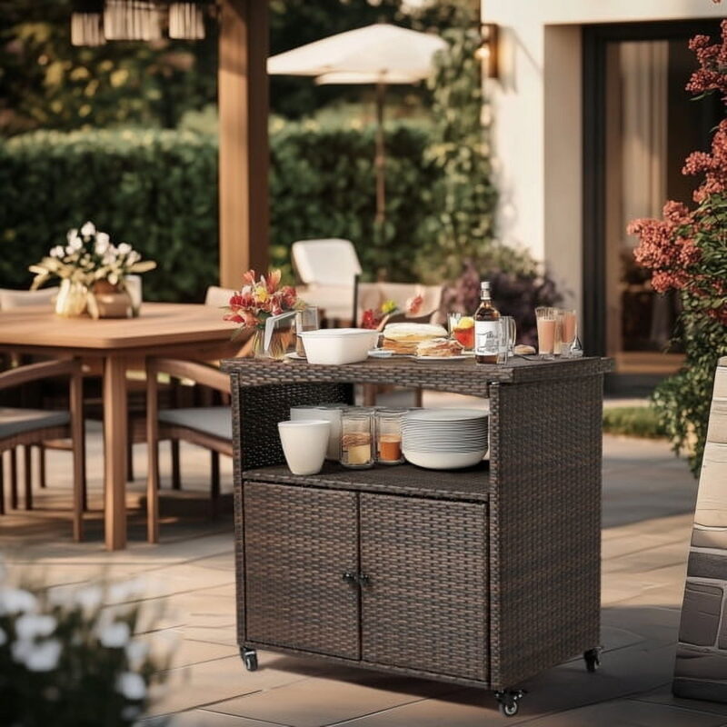 Brown Outdoor Bar Cart with Storage - Wicker Patio Buffet Cabinet on Wheels, for Indoor & Outdoor Use - Image 2