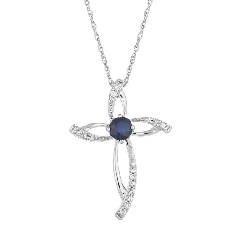 10k Gold Sapphire & 1/10 Carat T.W. Diamond Cross Pendant Necklace
