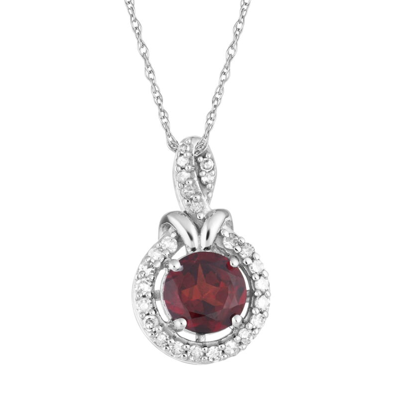 10k White Gold Garnet & 1/6 Carat T.W. Diamond Halo Pendant Necklace