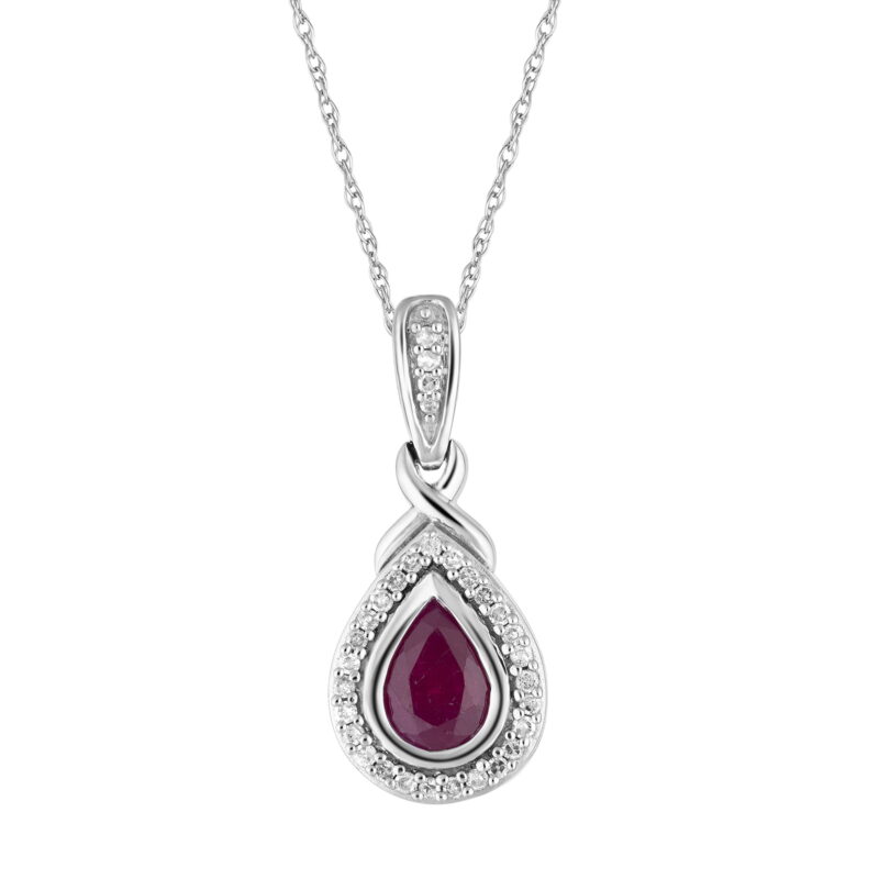 10k White Gold Ruby & 1/8 Carat T.W. Diamond Teardrop Halo Pendant Necklace