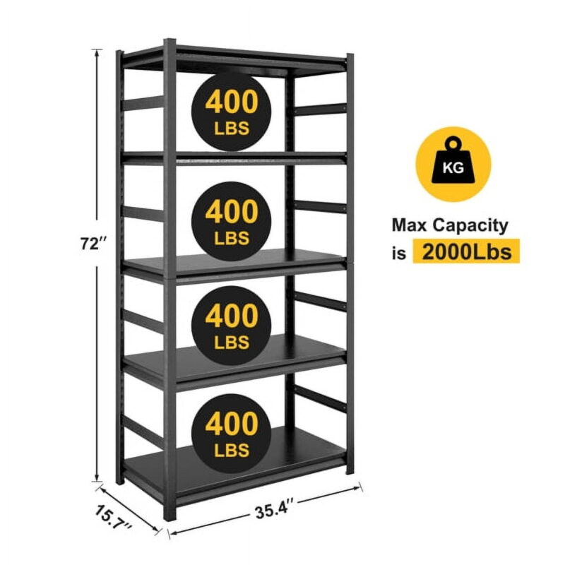 H72 * W35.4 * D15.7 5-Tier 2000lb Capacity Steel Shelving Unit - Tool-Free Assembly Metal Rack w/ Adjustable Shelves, Garage/Kitchen Storage - Image 5