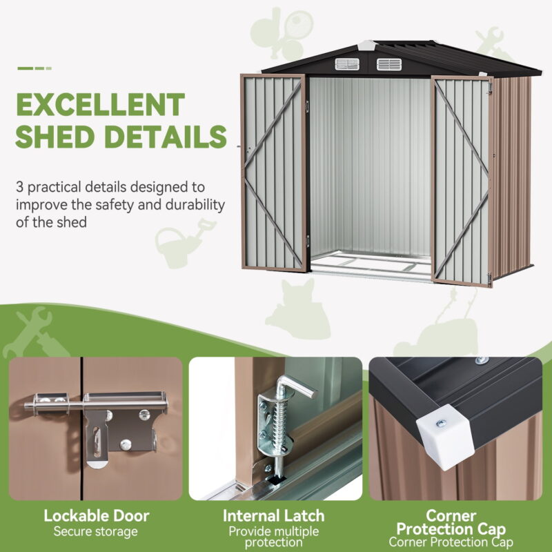 BaPiPro 6 x 4 ft Outdoor Metal Storage Shed with Included Base & Air Vents, Lockable, Brown - Image 5