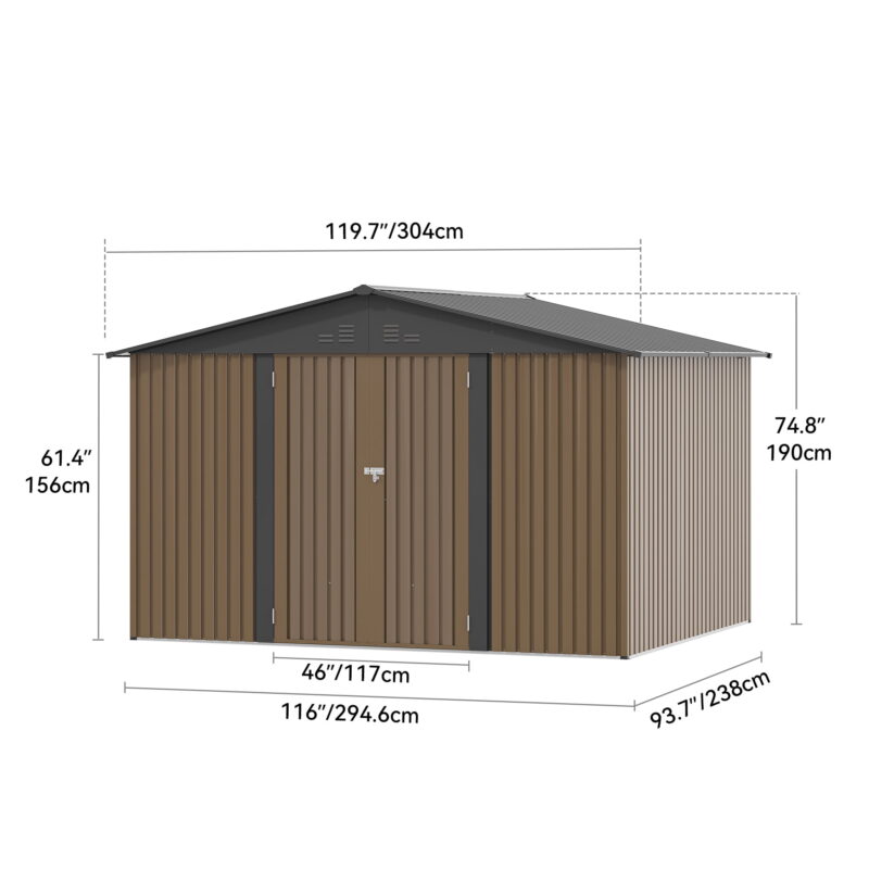 Uforic Large 10x8ft Outdoor Storage Shed Metal with Lockable Doors & Vents Brown Storage for Garden Tools, Lawn Equipment, Bikes - Image 6