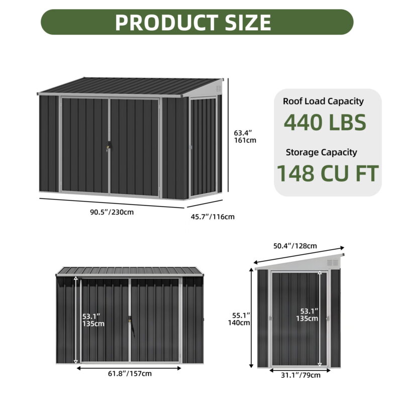 Uforic 8' x 4' Outdoor Storage Shed, Metal Tools Garden Shed with 3 Lockable Doors & Air Vent & Sloped Roof - Image 3