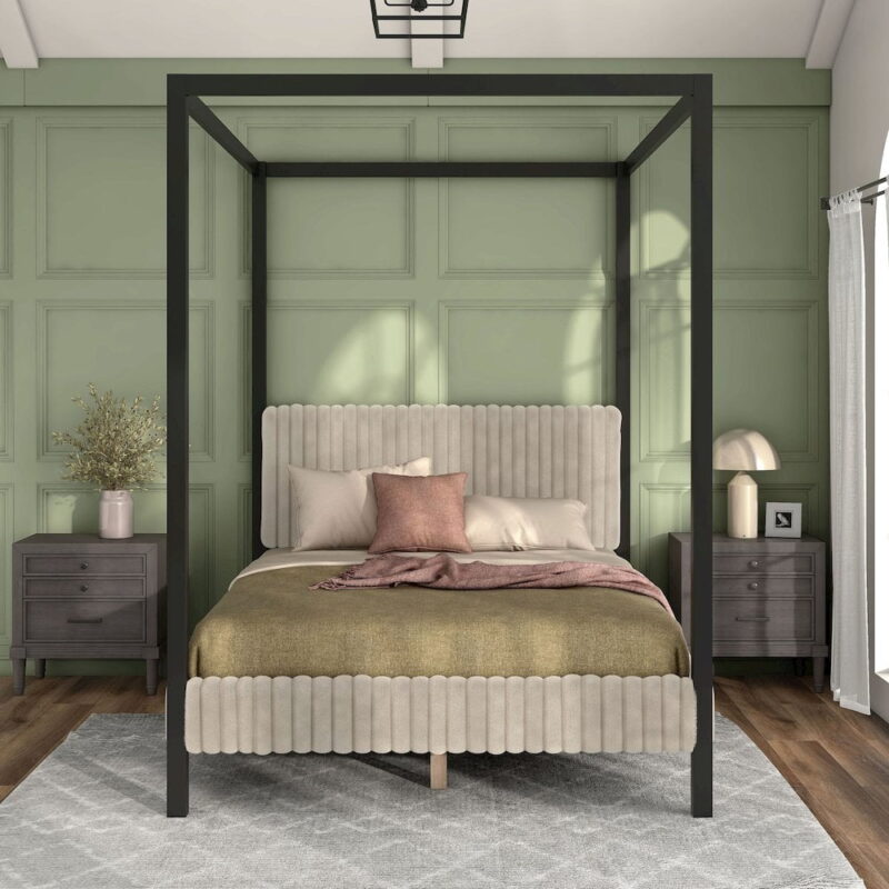 Furniture of America Elra Adult Queen Wood Mattress Ready Bed with Canopy Frame, Light Brown - Image 2