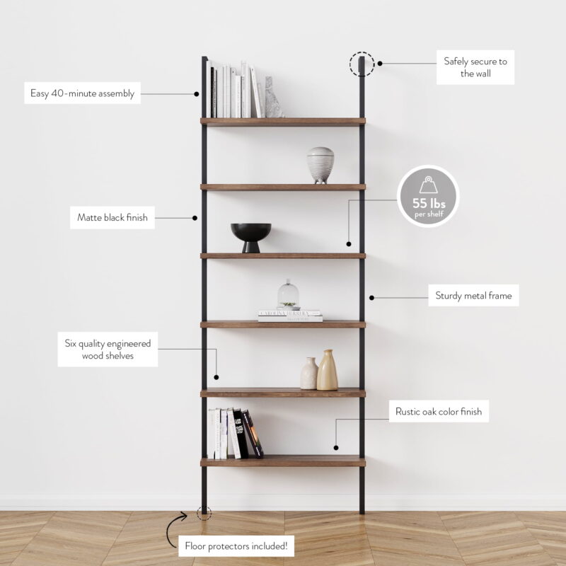 Nathan James Theo 6-Shelf Tall Bookcase Wall Mount Bookshelf Natural Wood Industrial Metal Frame Reclaimed Oak/Black - Image 3