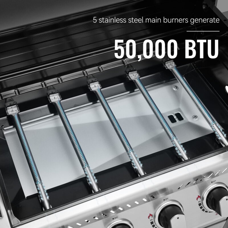 Royal Gourmet GA5401T 5-Burner BBQ Liquid Gas Grill with Sear Burner and Side Burner,  Stainless Steel 60,000 BTU Barbecue Grill,Silver - Image 4