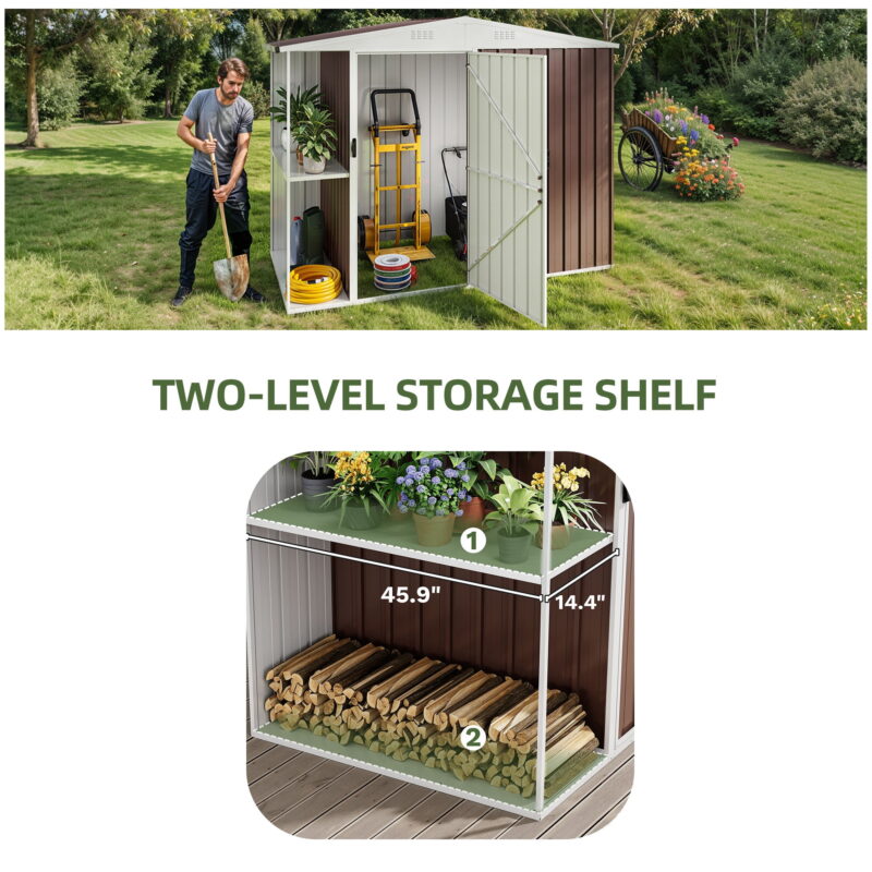 Uforic 8x4 FT Outdoor Metal Storage Shed with Shelves, Lockable Tool Cabinet for Garden (Brown) - Image 3