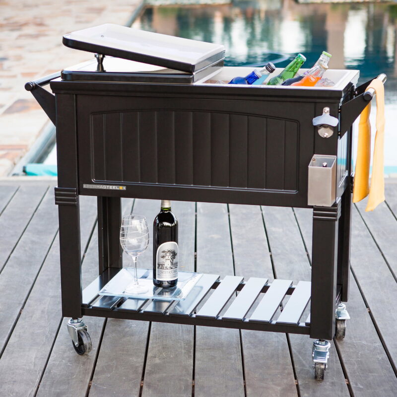 Permasteel 80-Qt Antique Outdoor Steel Patio Cooler on Wheels, Rolling Cooler Cart, Wooden Teak Style, Black - Image 2