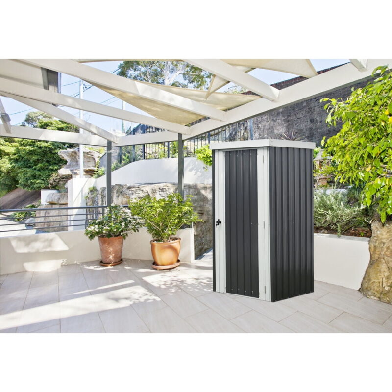 Hanover Patio Storage Shed | Galvanized Steel | Twist Lock and Key | 2 Tool Hooks | 3-Ft. x 3-Ft. x 6-Ft. | Dark Gray / White | HANPATSHD-GW - Image 2