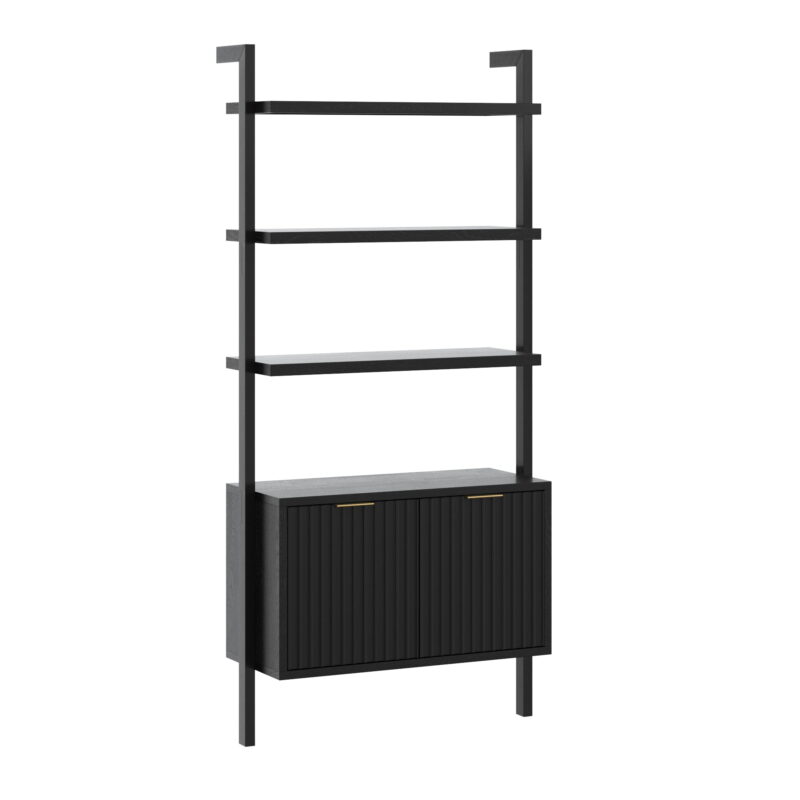 Nathan James Jasper 3-Shelf Solid Wood Boho Bookshelf, Wall Mounted Bookshelf with Cabinet with Fluted Doors, Black Oak - Image 2