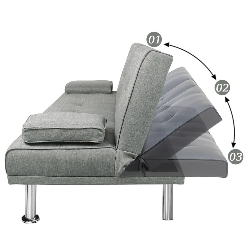 Sofa Bed with Cup Holder Convertible Futon Couches Adjustable Backrest Modern Linen Furniture Upholstery for Living Room - Image 7
