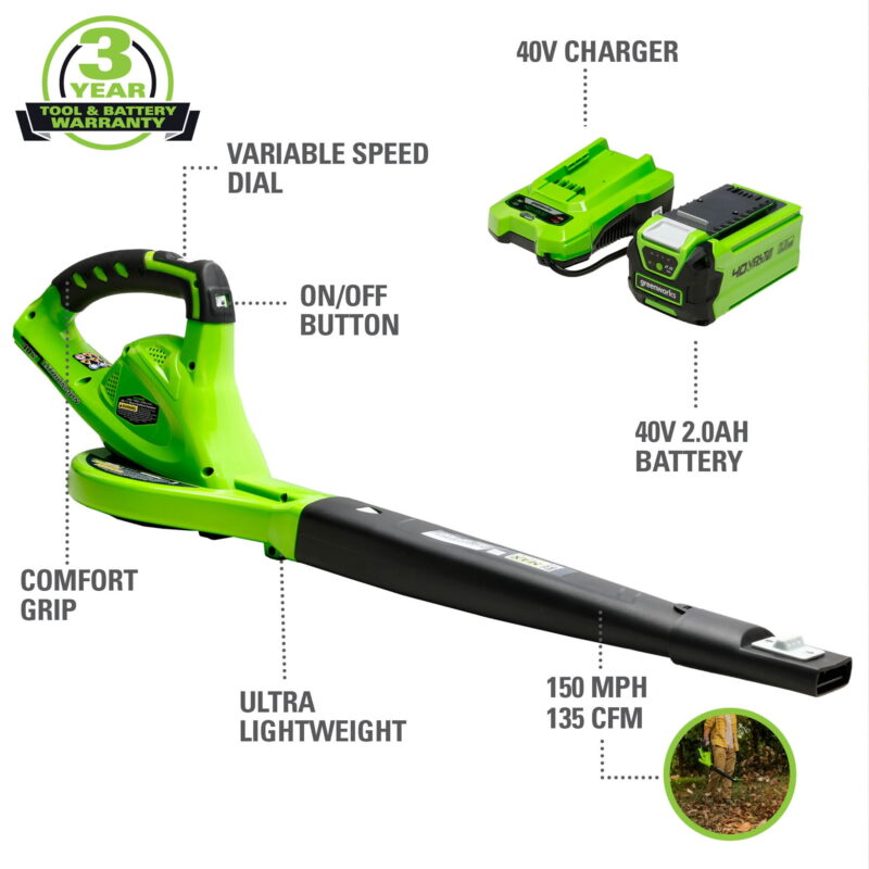 Greenworks 40V 135 CFM Leaf Blower/Sweeper with 2.0 Ah Battery, 24252 - Image 3