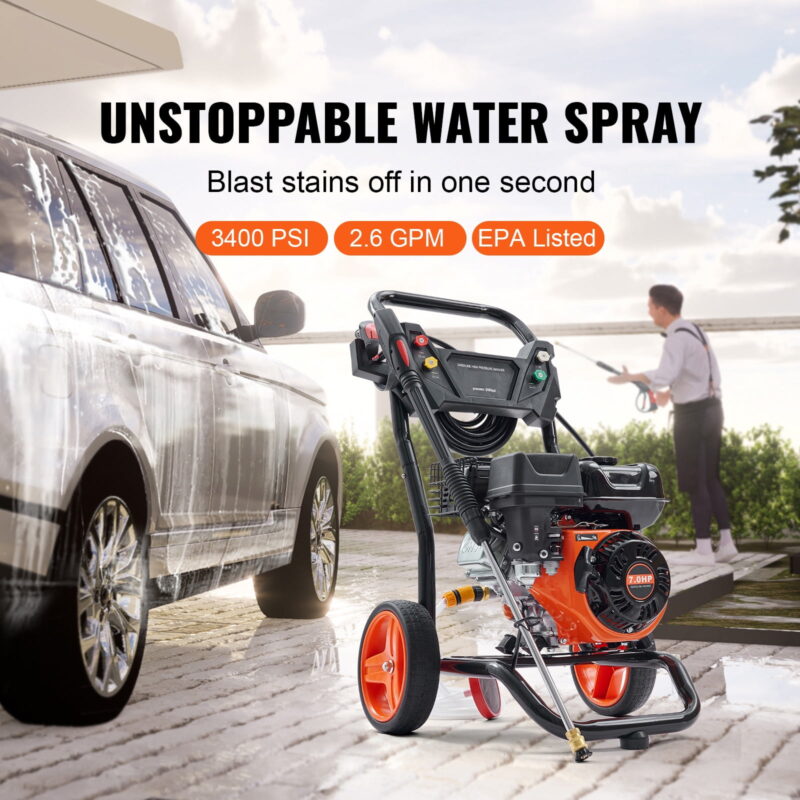 VEVOR 3400 PSI 2.6 GPM Gas Pressure Washer w/26 ft High Pressure Hose 5 Nozzles Gas Powered Washer - Image 2