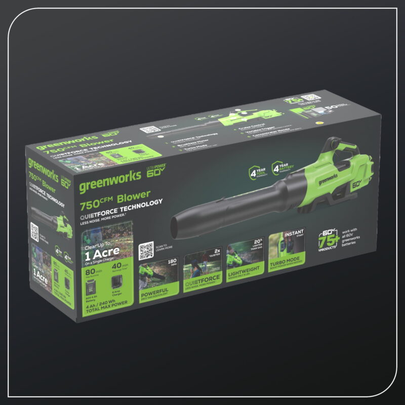 Greenworks 60V 750 CFM 180 MPH Leaf Blower with 4.0 AH HC Battery and 6 Amp Charger 2429802 - Image 3