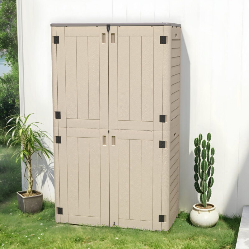Uforic Vertical Resin Outdoor Storage, 50 cubic feet w/ Shelving for Garden Garage Poolside, Locking Capability, (Khaki & Brown) - Image 7