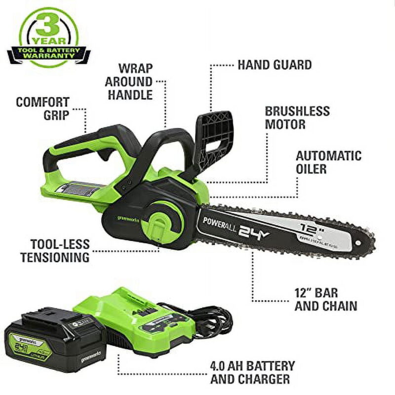 Greenworks 24V 12" Brushless Chainsaw + 4.0 Ah Battery and Charger 2016602 - Image 2