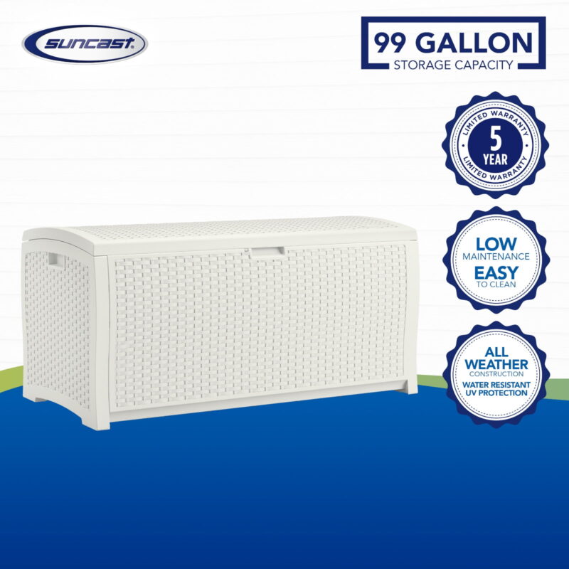 Suncast 99-Gal. Weather-Resistant Resin Outdoor Deck Storage Box and Bench, White - Image 4
