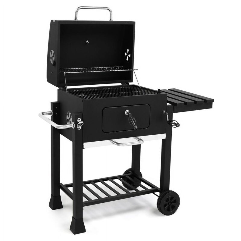 Heavy-Duty Charcoal Grill - Spacious Cooking Area, Height-Adjustable Charcoal Pan, Foldable Side Table & Wheels, for Backyard/Gatherings - Image 4