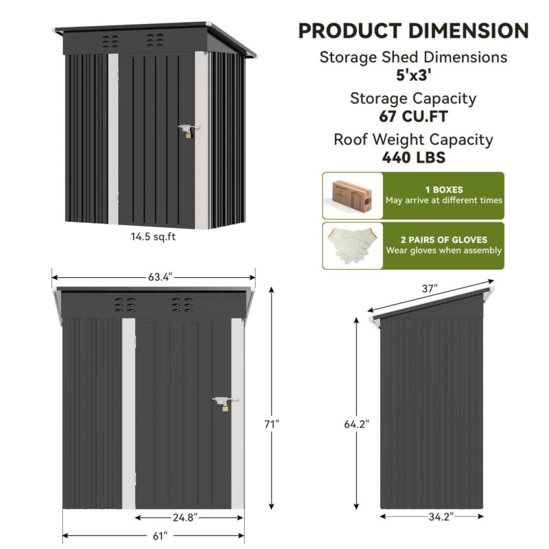 COMHOMA Outdoor Storage Shed 5 x 3 FT Shed with Lockable Door Steel Garden Shed with Air Vent,Gray - Image 6