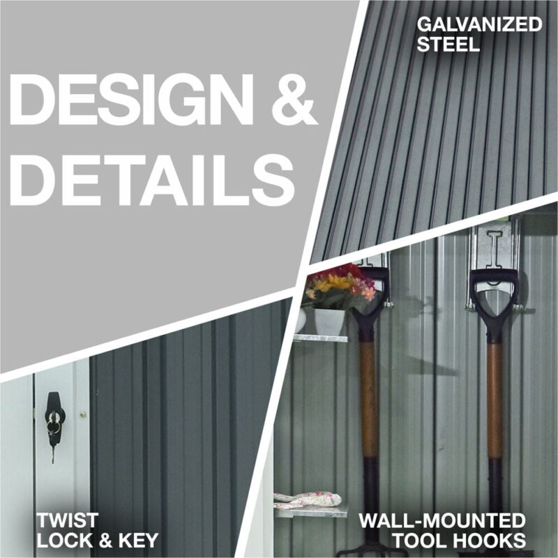 Hanover Patio Storage Shed | Galvanized Steel | Twist Lock and Key | 2 Tool Hooks | 3-Ft. x 3-Ft. x 6-Ft. | Dark Gray / White | HANPATSHD-GW - Image 6