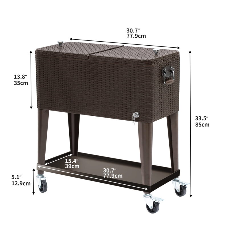 Uforic 80 Quart Rolling Ice Chest Cooler Cart,Outdoor Portable Beverage Cart, with Bottle Opener, Storage Shelf & Drain, Brown - Image 2