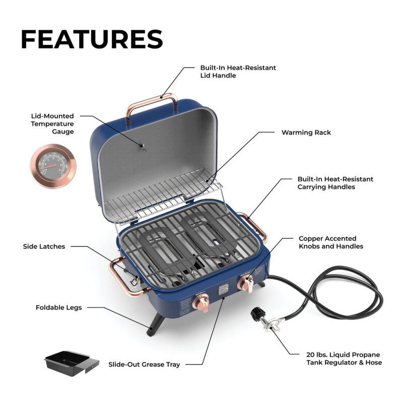 Kenmore 2-Burner Portable Tabletop Retro Gas Grill, Navy Blue - Image 4